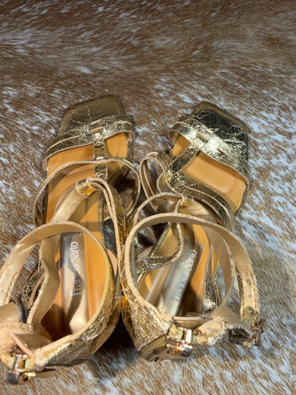 Franco Sarto Gold Sandals KORIE EUC women sz 7M / EU 37 Block Heel Strappy - Picture 5 of 11